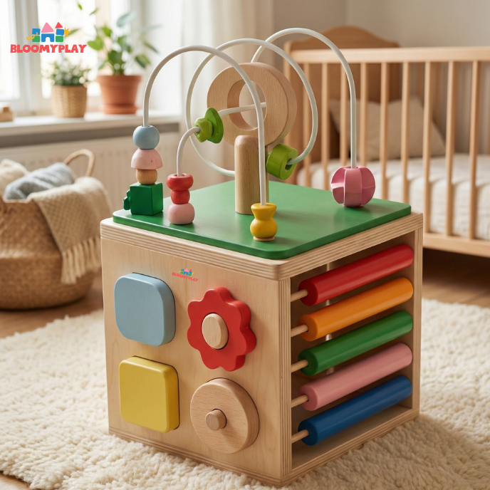 Wooden Activity Cube – 5-in-1 Montessori Learning Toy for Toddlers